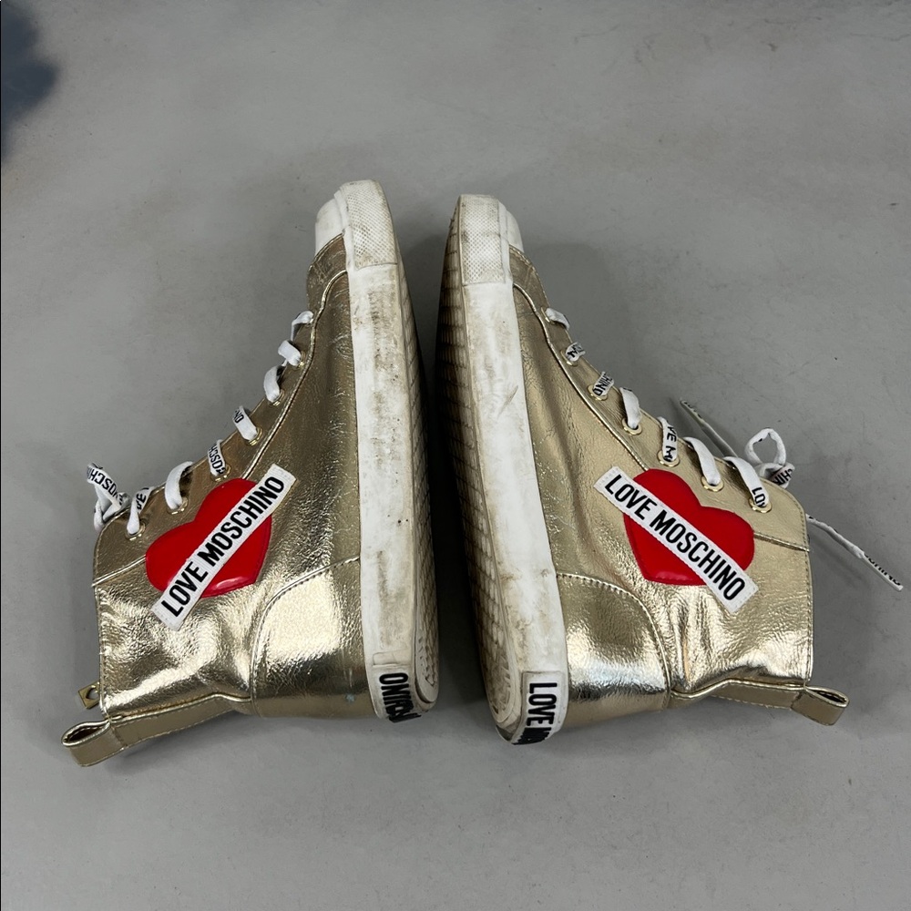 LOVE MOSCHINO Gold Heart Metallic Lace Up High Top Zip SOLD OUT Sneakers Shoes - Picture 7 of 10
